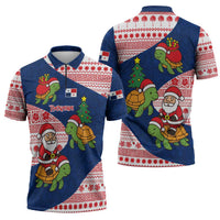 Panama Christmas Zipper Polo Shirt with Santa Claus Sea Turtles Holiday Tree and Red Blue Pattern Design - Wonder Print Shop
