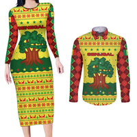 Senegal Christmas Couples Matching Long Sleeve Bodycon Dress and Long Sleeve Button Shirt with Yellow-Green-Red Design, Baobab Tree, and National Coat of Arms Motif - Wonder Print Shop