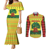 Senegal Christmas Couples Matching Mermaid Dress and Long Sleeve Button Shirt with Yellow-Green-Red Design, Baobab Tree, and National Coat of Arms Motif - Wonder Print Shop