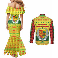 Senegal Christmas Couples Matching Mermaid Dress and Long Sleeve Button Shirt with Yellow-Green-Red Design, Baobab Tree, and National Coat of Arms Motif - Wonder Print Shop