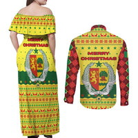 Senegal Christmas Couples Matching Off Shoulder Maxi Dress and Long Sleeve Button Shirt with Yellow-Green-Red Design, Baobab Tree, and National Coat of Arms Motif - Wonder Print Shop