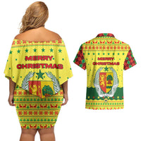 Senegal Christmas Couples Matching Off Shoulder Short Dress and Hawaiian Shirt with Yellow-Green-Red Design, Baobab Tree, and National Coat of Arms Motif - Wonder Print Shop