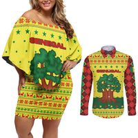 Senegal Christmas Couples Matching Off Shoulder Short Dress and Long Sleeve Button Shirt with Yellow-Green-Red Design, Baobab Tree, and National Coat of Arms Motif - Wonder Print Shop