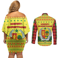 Senegal Christmas Couples Matching Off Shoulder Short Dress and Long Sleeve Button Shirt with Yellow-Green-Red Design, Baobab Tree, and National Coat of Arms Motif - Wonder Print Shop
