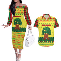 Senegal Christmas Couples Matching Off The Shoulder Long Sleeve Dress and Hawaiian Shirt with Yellow-Green-Red Design, Baobab Tree, and National Coat of Arms Motif - Wonder Print Shop