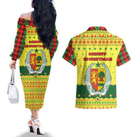 Senegal Christmas Couples Matching Off The Shoulder Long Sleeve Dress and Hawaiian Shirt with Yellow-Green-Red Design, Baobab Tree, and National Coat of Arms Motif - Wonder Print Shop