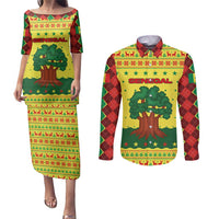 Senegal Christmas Couples Matching Puletasi and Long Sleeve Button Shirt with Yellow-Green-Red Design, Baobab Tree, and National Coat of Arms Motif - Wonder Print Shop