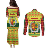 Senegal Christmas Couples Matching Puletasi and Long Sleeve Button Shirt with Yellow-Green-Red Design, Baobab Tree, and National Coat of Arms Motif - Wonder Print Shop