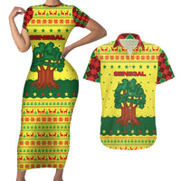 Senegal Christmas Couples Matching Short Sleeve Bodycon Dress and Hawaiian Shirt with Yellow-Green-Red Design, Baobab Tree, and National Coat of Arms Motif - Wonder Print Shop