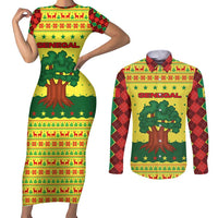 Senegal Christmas Couples Matching Short Sleeve Bodycon Dress and Long Sleeve Button Shirt with Yellow-Green-Red Design, Baobab Tree, and National Coat of Arms Motif - Wonder Print Shop