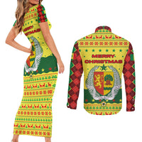 Senegal Christmas Couples Matching Short Sleeve Bodycon Dress and Long Sleeve Button Shirt with Yellow-Green-Red Design, Baobab Tree, and National Coat of Arms Motif - Wonder Print Shop