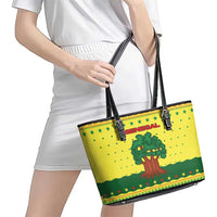 Senegal Christmas Leather Tote Bag with Yellow-Green-Red Design, Baobab Tree, and National Coat of Arms Motif - Wonder Print Shop