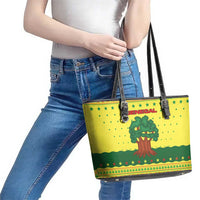 Senegal Christmas Leather Tote Bag with Yellow-Green-Red Design, Baobab Tree, and National Coat of Arms Motif - Wonder Print Shop