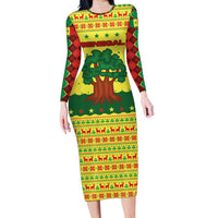 Senegal Christmas Long Sleeve Bodycon Dress with Yellow-Green-Red Design, Baobab Tree, and National Coat of Arms Motif - Wonder Print Shop