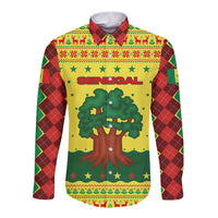 Senegal Christmas Long Sleeve Button Shirt with Yellow-Green-Red Design, Baobab Tree, and National Coat of Arms Motif - Wonder Print Shop