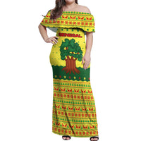 Senegal Christmas Off Shoulder Maxi Dress with Yellow-Green-Red Design, Baobab Tree, and National Coat of Arms Motif - Wonder Print Shop