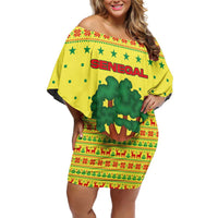 Senegal Christmas Off Shoulder Short Dress with Yellow-Green-Red Design, Baobab Tree, and National Coat of Arms Motif - Wonder Print Shop