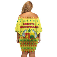 Senegal Christmas Off Shoulder Short Dress with Yellow-Green-Red Design, Baobab Tree, and National Coat of Arms Motif - Wonder Print Shop