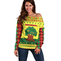 Senegal Christmas Off Shoulder Sweater with Yellow-Green-Red Design, Baobab Tree, and National Coat of Arms Motif - Wonder Print Shop