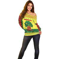Senegal Christmas Off Shoulder Sweater with Yellow-Green-Red Design, Baobab Tree, and National Coat of Arms Motif - Wonder Print Shop