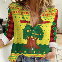 Senegal Christmas Women Casual Shirt with Yellow-Green-Red Design, Baobab Tree, and National Coat of Arms Motif - Wonder Print Shop