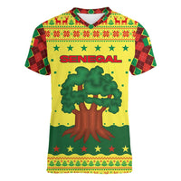 Senegal Christmas Women V-Neck T-Shirt with Yellow-Green-Red Design, Baobab Tree, and National Coat of Arms Motif - Wonder Print Shop
