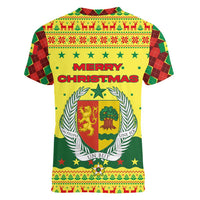Senegal Christmas Women V-Neck T-Shirt with Yellow-Green-Red Design, Baobab Tree, and National Coat of Arms Motif - Wonder Print Shop