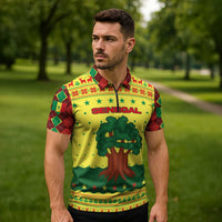Senegal Christmas Zipper Polo Shirt with Yellow-Green-Red Design, Baobab Tree, and National Coat of Arms Motif - Wonder Print Shop