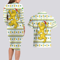 Senegal Christmas Couples Matching Long Sleeve Bodycon Dress and Hawaiian Shirt with White-Green-Yellow Design, Golden Lion, and Festive Stars Motif - Wonder Print Shop