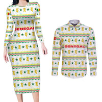 Senegal Christmas Couples Matching Long Sleeve Bodycon Dress and Long Sleeve Button Shirt with White-Green-Yellow Design, Golden Lion, and Festive Stars Motif - Wonder Print Shop