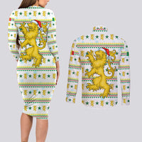Senegal Christmas Couples Matching Long Sleeve Bodycon Dress and Long Sleeve Button Shirt with White-Green-Yellow Design, Golden Lion, and Festive Stars Motif - Wonder Print Shop