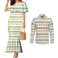 Senegal Christmas Couples Matching Mermaid Dress and Long Sleeve Button Shirt with White-Green-Yellow Design, Golden Lion, and Festive Stars Motif - Wonder Print Shop