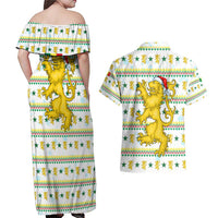 Senegal Christmas Couples Matching Off Shoulder Maxi Dress and Hawaiian Shirt with White-Green-Yellow Design, Golden Lion, and Festive Stars Motif - Wonder Print Shop