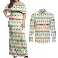 Senegal Christmas Couples Matching Off Shoulder Maxi Dress and Long Sleeve Button Shirt with White-Green-Yellow Design, Golden Lion, and Festive Stars Motif - Wonder Print Shop