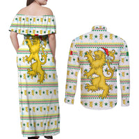 Senegal Christmas Couples Matching Off Shoulder Maxi Dress and Long Sleeve Button Shirt with White-Green-Yellow Design, Golden Lion, and Festive Stars Motif - Wonder Print Shop
