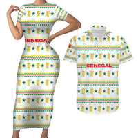 Senegal Christmas Couples Matching Short Sleeve Bodycon Dress and Hawaiian Shirt with White-Green-Yellow Design, Golden Lion, and Festive Stars Motif - Wonder Print Shop