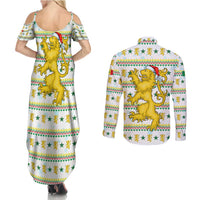 Senegal Christmas Couples Matching Summer Maxi Dress and Long Sleeve Button Shirt with White-Green-Yellow Design, Golden Lion, and Festive Stars Motif - Wonder Print Shop