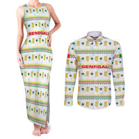 Senegal Christmas Couples Matching Tank Maxi Dress and Long Sleeve Button Shirt with White-Green-Yellow Design, Golden Lion, and Festive Stars Motif - Wonder Print Shop