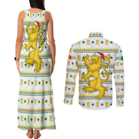 Senegal Christmas Couples Matching Tank Maxi Dress and Long Sleeve Button Shirt with White-Green-Yellow Design, Golden Lion, and Festive Stars Motif - Wonder Print Shop