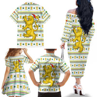 Senegal Christmas Family Matching Off The Shoulder Long Sleeve Dress and Hawaiian Shirt with White-Green-Yellow Design, Golden Lion, and Festive Stars Motif - Wonder Print Shop