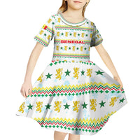 Senegal Christmas Kid Short Sleeve Dress with White-Green-Yellow Design, Golden Lion, and Festive Stars Motif - Wonder Print Shop