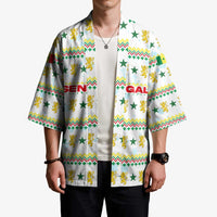 Senegal Christmas Kimono with White-Green-Yellow Design, Golden Lion, and Festive Stars Motif - Wonder Print Shop