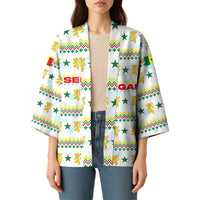 Senegal Christmas Kimono with White-Green-Yellow Design, Golden Lion, and Festive Stars Motif - Wonder Print Shop