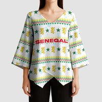 Senegal Christmas Kimono Sleeve Blouse with White-Green-Yellow Design, Golden Lion, and Festive Stars Motif - Wonder Print Shop