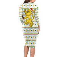 Senegal Christmas Long Sleeve Bodycon Dress with White-Green-Yellow Design, Golden Lion, and Festive Stars Motif - Wonder Print Shop