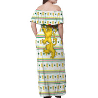 Senegal Christmas Off Shoulder Maxi Dress with White-Green-Yellow Design, Golden Lion, and Festive Stars Motif - Wonder Print Shop