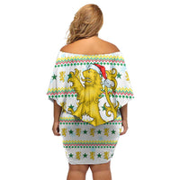 Senegal Christmas Off Shoulder Short Dress with White-Green-Yellow Design, Golden Lion, and Festive Stars Motif - Wonder Print Shop