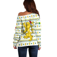 Senegal Christmas Off Shoulder Sweater with White-Green-Yellow Design, Golden Lion, and Festive Stars Motif - Wonder Print Shop
