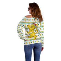 Senegal Christmas Off Shoulder Sweater with White-Green-Yellow Design, Golden Lion, and Festive Stars Motif - Wonder Print Shop