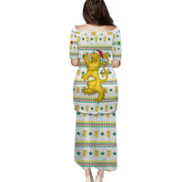 Senegal Christmas Puletasi with White-Green-Yellow Design, Golden Lion, and Festive Stars Motif - Wonder Print Shop
